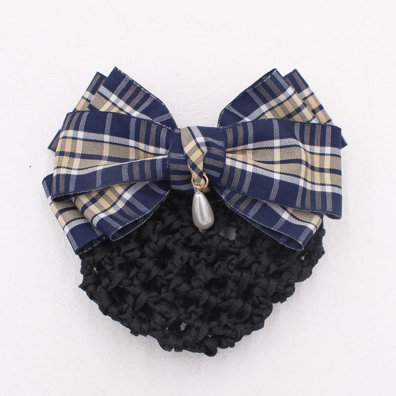 Plaid Professional Bow Hair Clip and Net for Bank, Nurse, Hotel, and Flight Attendant Style F333 темно-синий