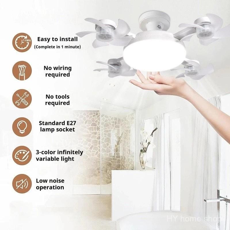 4 Blades Ceiling Fan Light with Remote Control Fan Light E27 Bracket Silent Motor LED Eye Protection Energy Saving Living Room Bedroom ABS Material