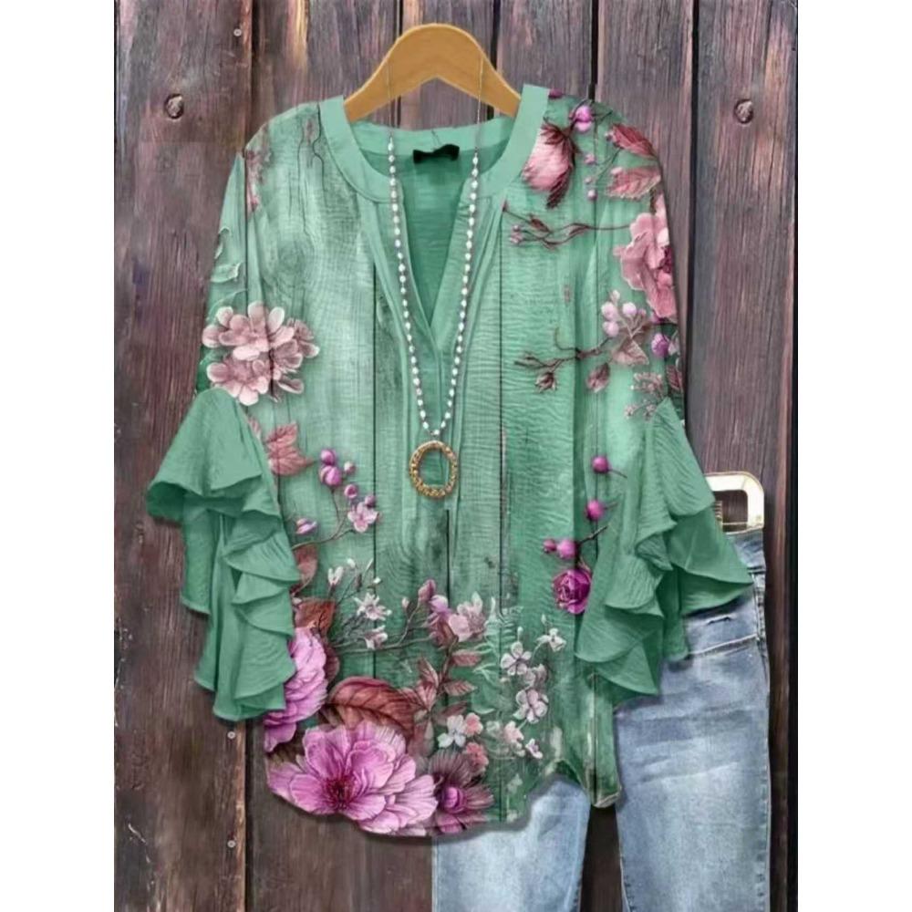 Large Women's Bohemian V-neck Shirt with Ruffle Sleeves, Grey Brown Floral Print Top, Casual Breathable Machine Washable Pullover