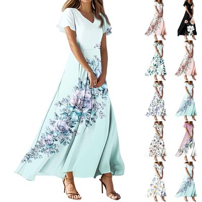 Damen Sommer Casual Fashion Retro Blumenkleid V-Ausschnitt Kurzarmkleid