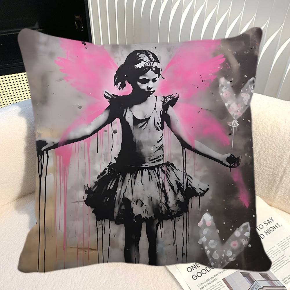 Street Graffiti Banksy Boy Girl With Balloon Pillow Case Square Pillow Bedroom Sofa Leisure Comfort Cushion Car Home Decoration
