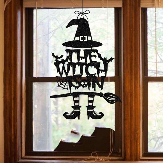 Halloween Witch Door Sign Spooky Witch Leg Hat Broomstick Front Door Hanging Decor Farmhouse Witch Welcome Sign for Home Wall Indoor Outdoor Decor
