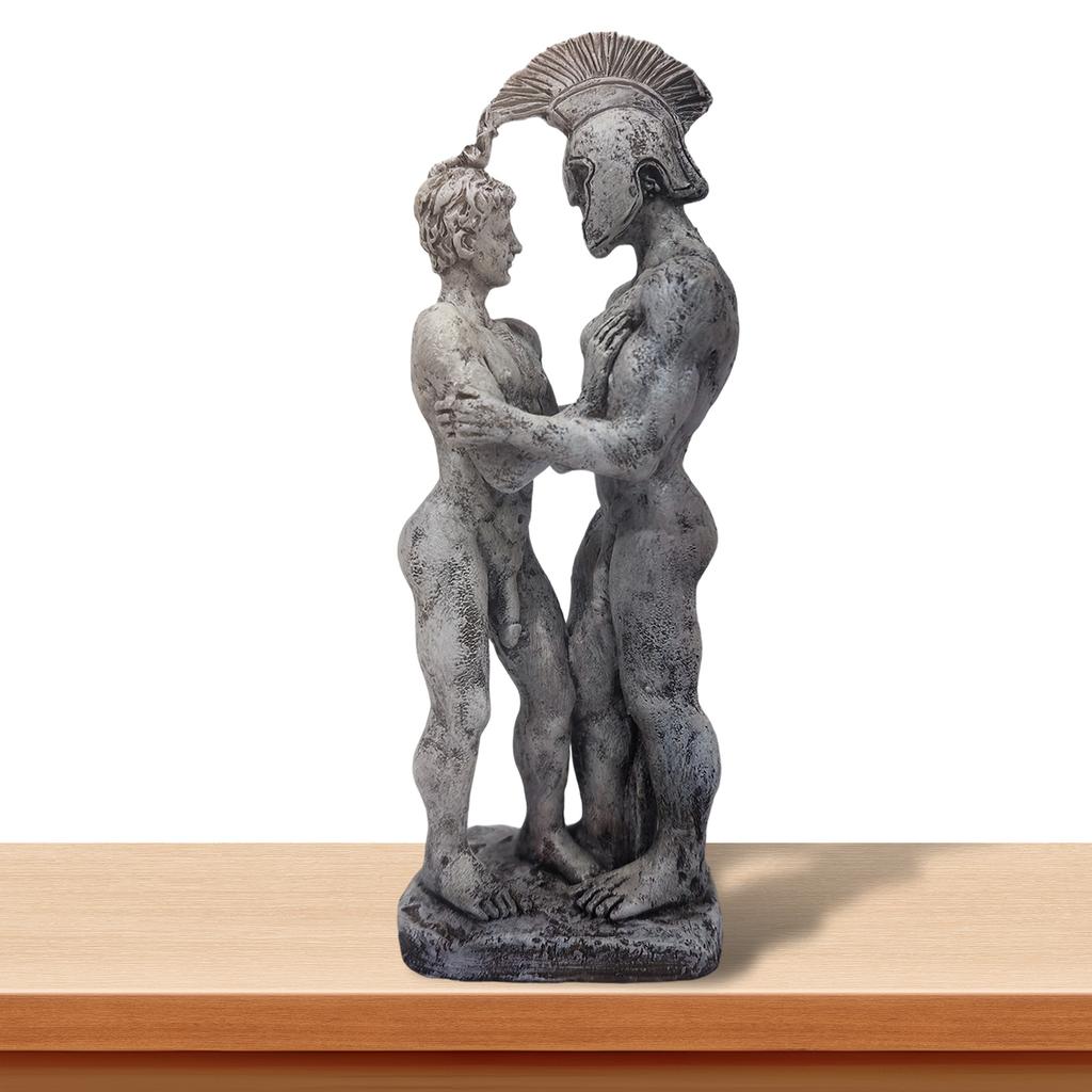 Resin Sculpture Statue of Two Standing Male Figures One Wearing a Helmet Detailed Textured Finish for Home Decor Indoor Use