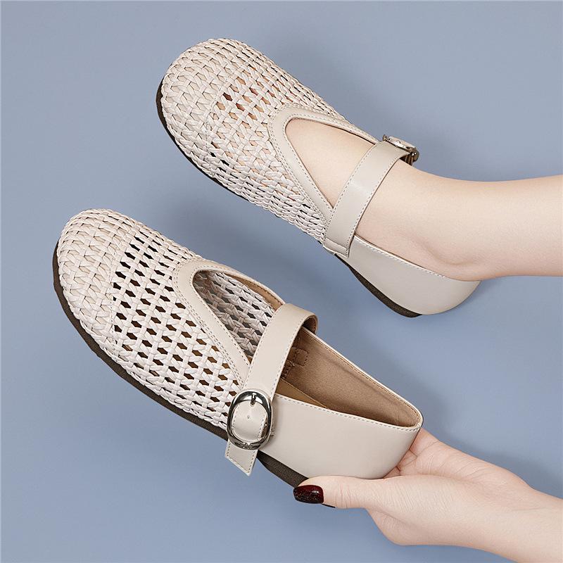Breathable Mesh Small Single Shoes Women's Summer New One-word Buckle with Flat Bottom Comfortable Shallow Mouth Round Head Women's Shoes Fashionable