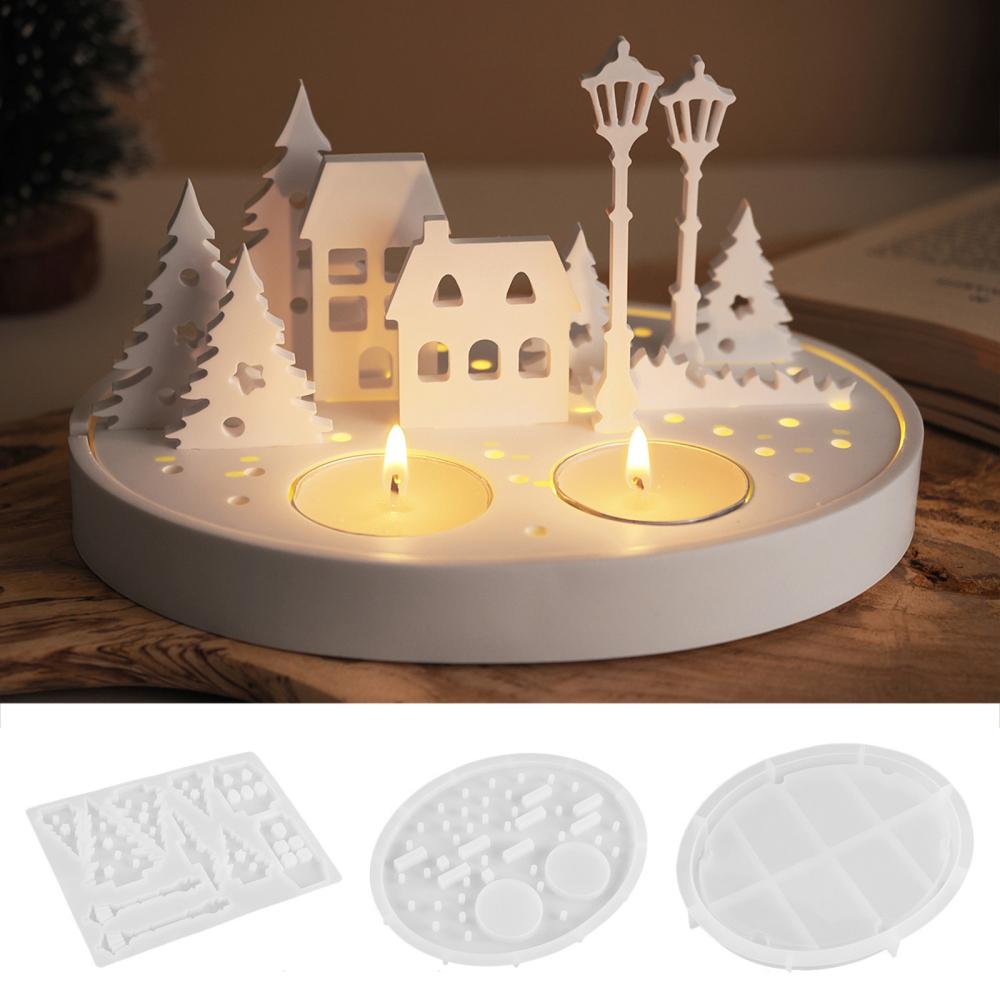

Hollow House Design Silicone Mold for Tealight Candle DIY Street Lamp Tree Ornaments Gypsum Resin Pouring Home Decor