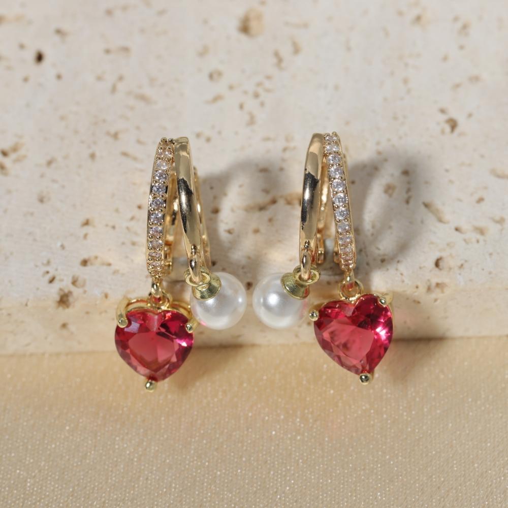 Sparkly Pink Imitation Pearls & Zirconia Drop Earrings, Golden Plated Statement Jewelry красный