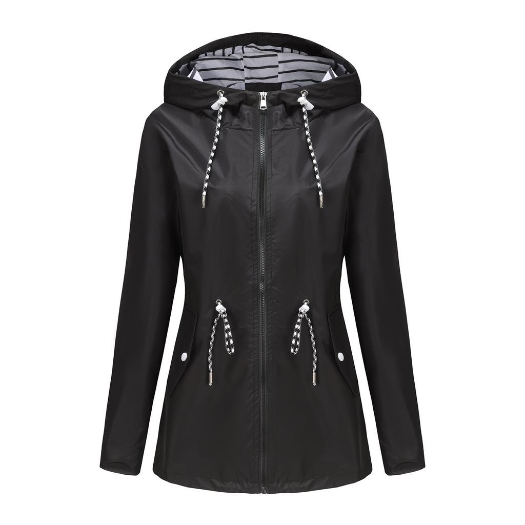 Women's Long Sleeve Hooded Jacket Drawstring Loose Fit Casual Windbreaker Raincoat Outerwear