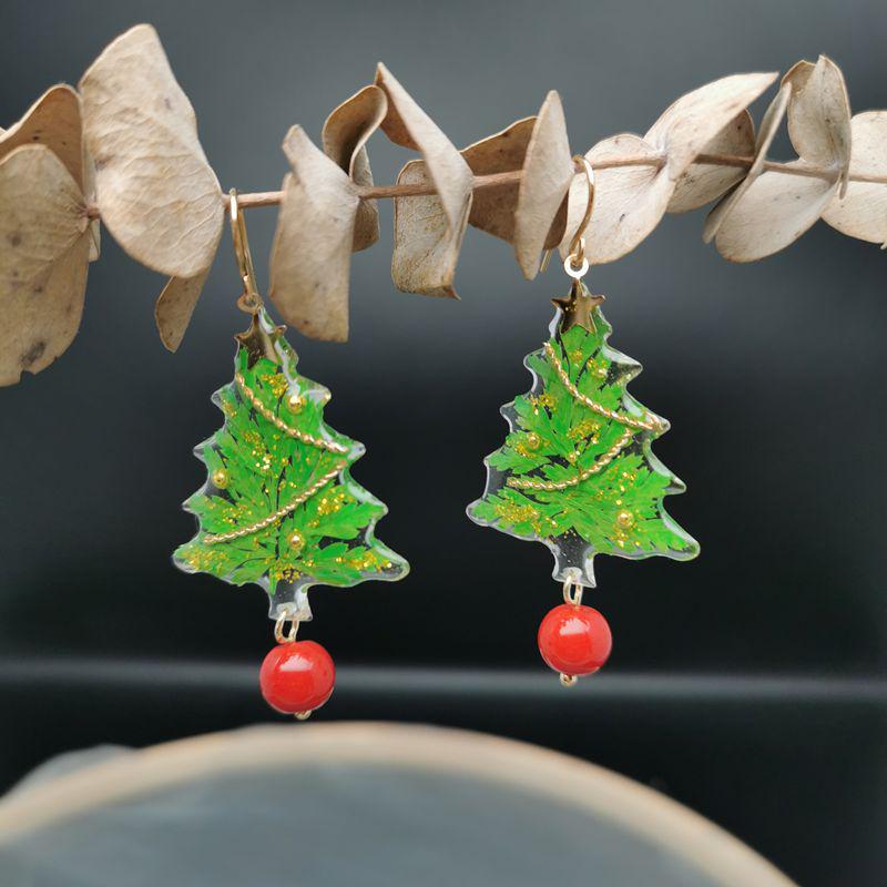 

Handmade Epoxy Christmas Tree Earrings - Exquisite Gift for Her, European & American Dangle/Stud Clip-On Design