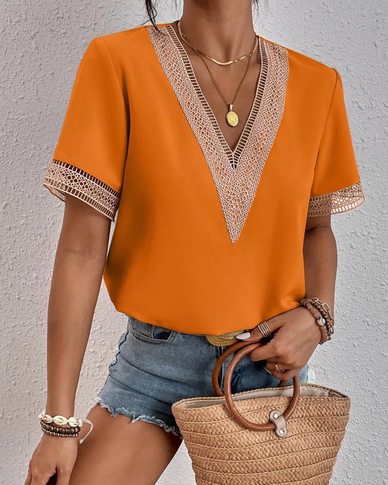 Plus Size Women's V Neck Lacework Loose Top Short Sleeve Casual T-Shirt Woman Blouses & Shirts