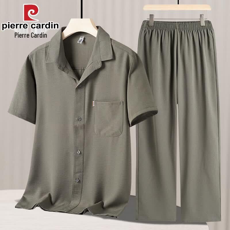 Pierre Cardin Men's Summer Ice Silk Short-Sleeve Shirt & Pants Set