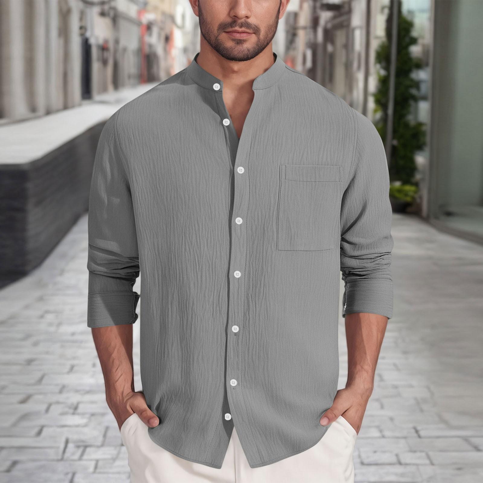 

Men s Casual Long-Sleeve Button-Down Shirt - Breathable Stand Collar Color With Pocket - Open Front Top XXXL