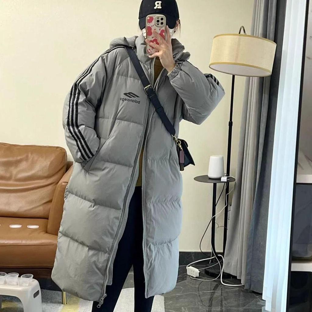 Women's 2023 Korean Style Long Down Jacket, Over-the-Knee, Three-Stripe, Thickened, Loose Fit, White Duck Down, Couple's Coat.
