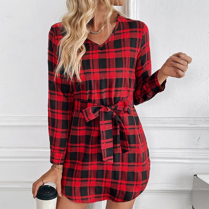 

European American Women s Clothing Spring Summer Fashionable Plaid Long-sleeved Dress With Belt Middle Skirt S красный