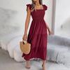 Autumn Winter Women Elegant High Waist Pleated Dress Short Sleeve Solid Color Lace Up Fashion