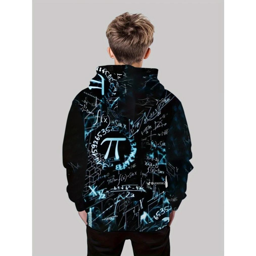 High quality 3D printed hoodie for boys, made of durable polyester fiber material and designed with black mathematical patterns