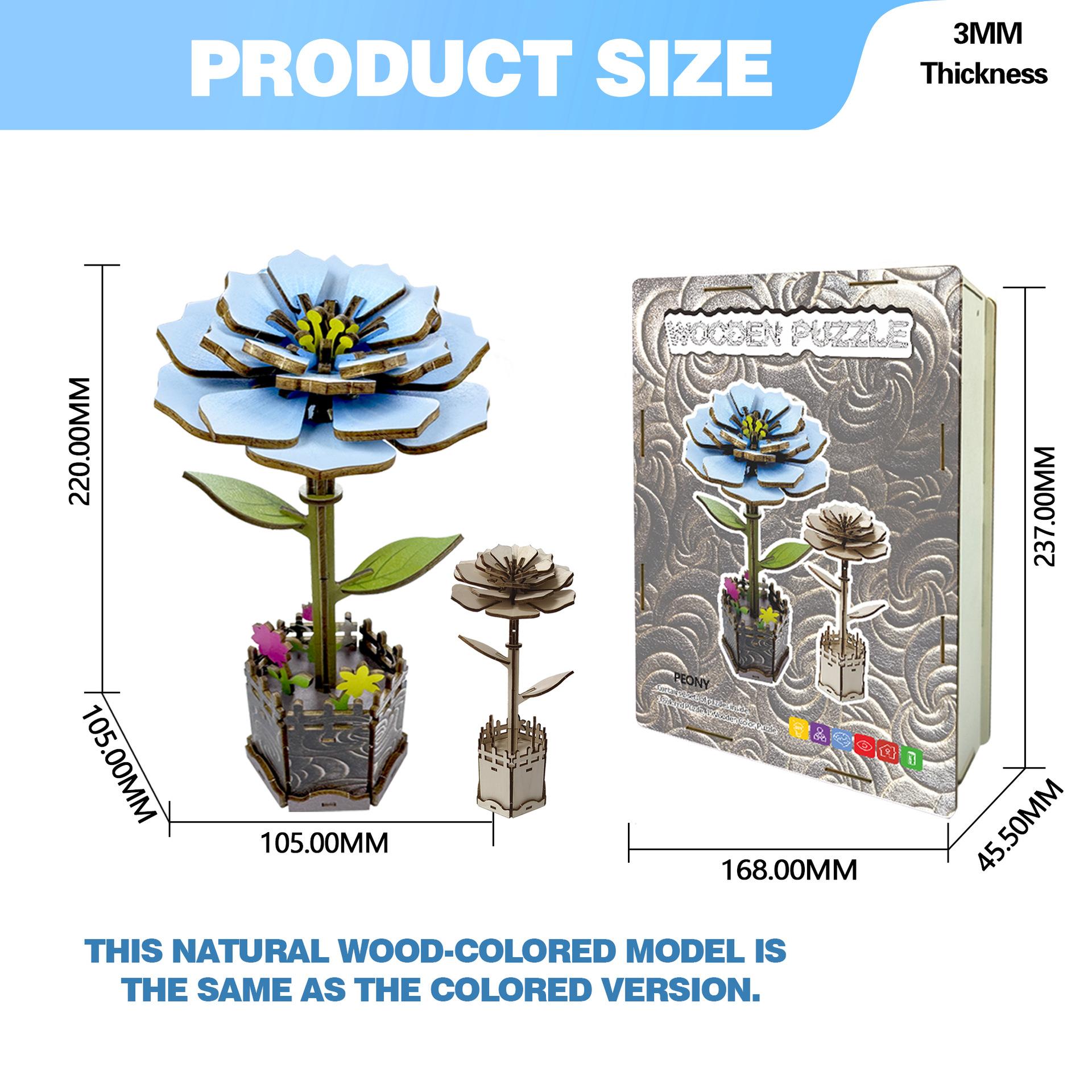 Wacocetoy Cross-Border 3D Peony Flower Puzzle Wooden Diy Coloring Toy 2-In-1 Set Handmade Puzzle