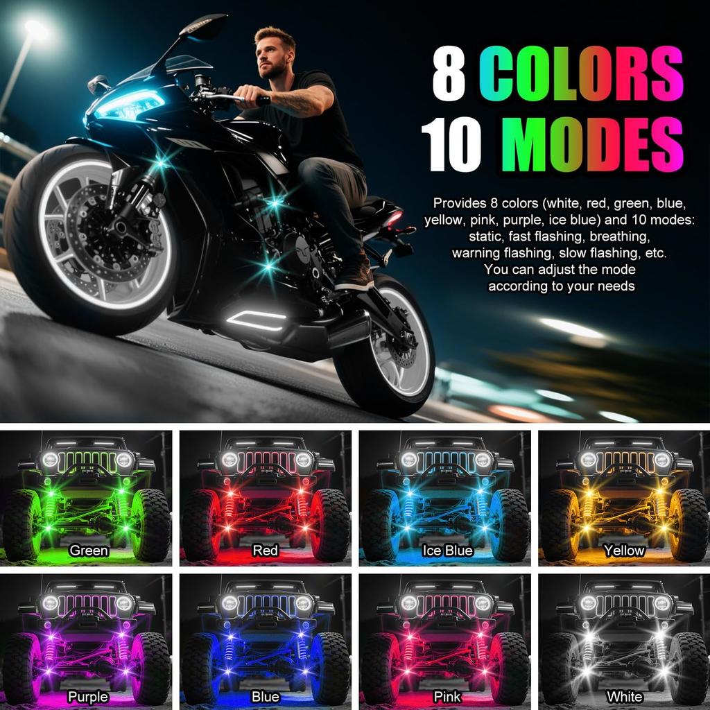 Wireless LED Lights for Car, Wireless Rock Lights with 8 Colors 10 Modes,Led Strobe Warning Light, Motorcycles, Boats, Camping, Bikes,