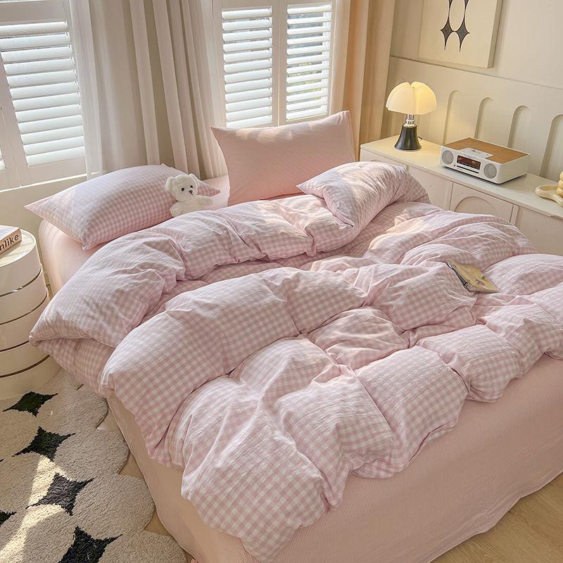 Ins Pink Plaid Bedding Set No Filler Twin Queen Size Comforter Cover Flat Sheet Pillowcase Girls Boys Solid Blanket Duvet Duvet