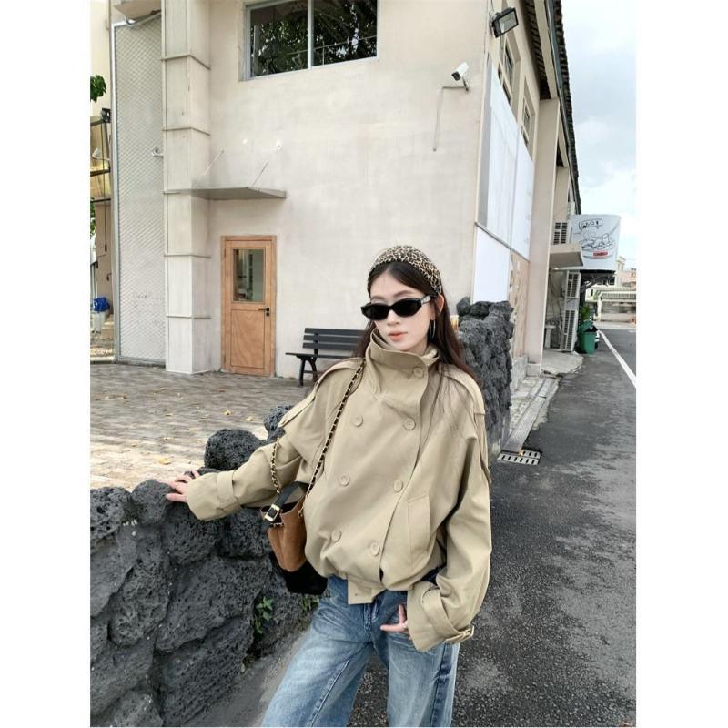 Korean New Style British Style Stand Collar Windbreaker Jacket for Women Autumn Double Breasted Khaki Loose and Versatile Top