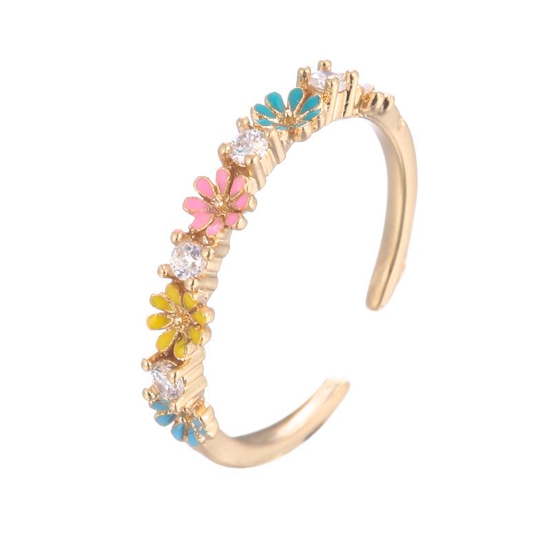 Sweet Romantic Colorful Daisy Zircon Open Ring - Cute Ins Pure Copper Women's Jewelry