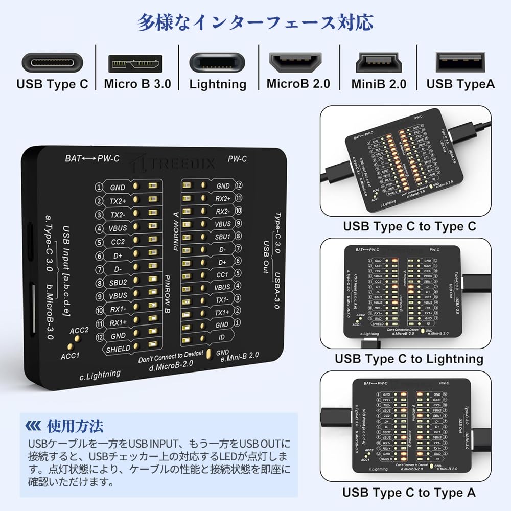 Treedix USB Cable Checker: Performance checks for cable breakage, compact size, compatible with Type C/Type A/Micro B/Mini B/Lightning.