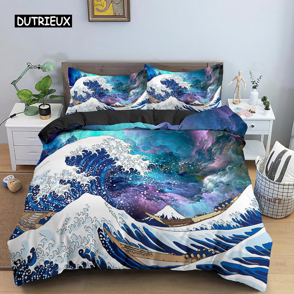 Wave Duvet Cover Set for Kids Teens Adult King Size Abstract Blue Ocean Comforter Cover Waves Sailing Moon Polyester Bedding Set