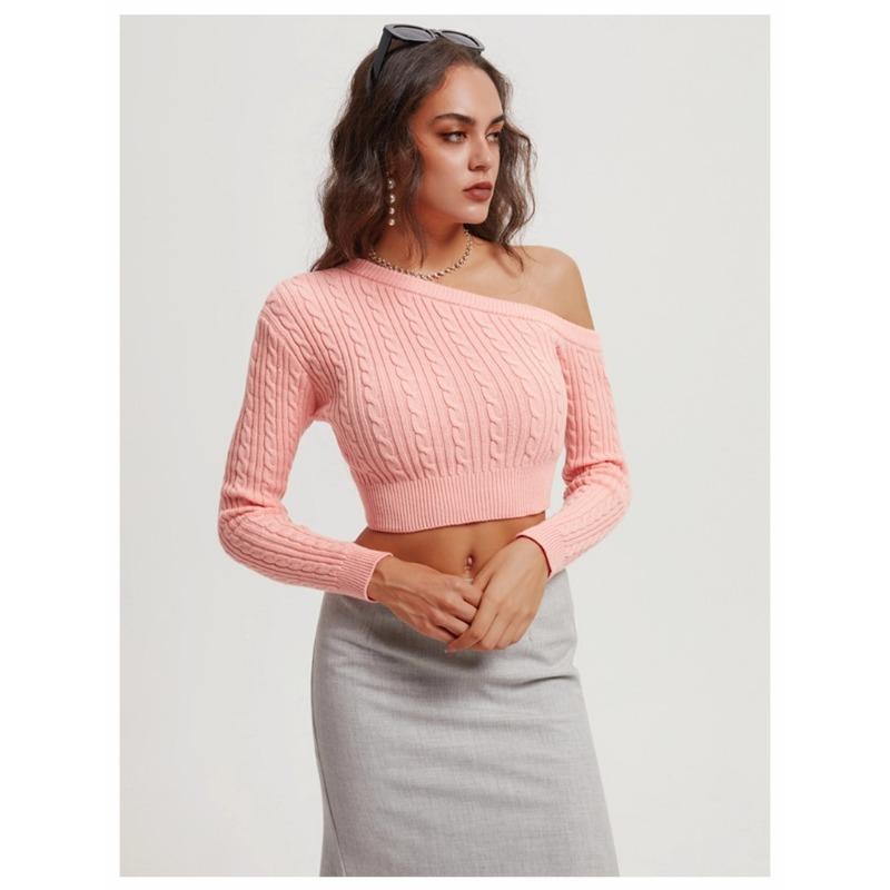 Women's Autumn and Winter Twist Wool Knit Straight Off-the-shoulder Long Sleeve Short Pullover Sweater Top