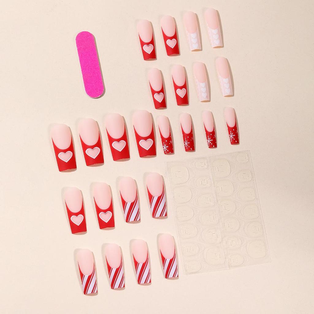 Matte Red & White Stripe Snowflake Detachable Fake Nails - Christmas Heart Design