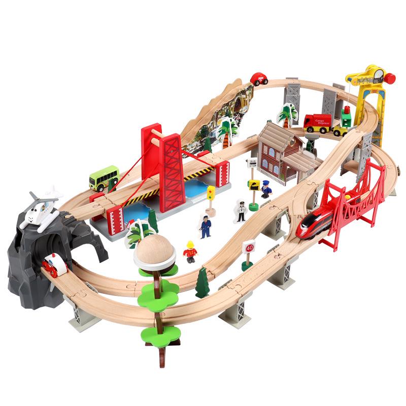 100-Piece City Railway Electric Train Set with Elevated Wooden Tracks