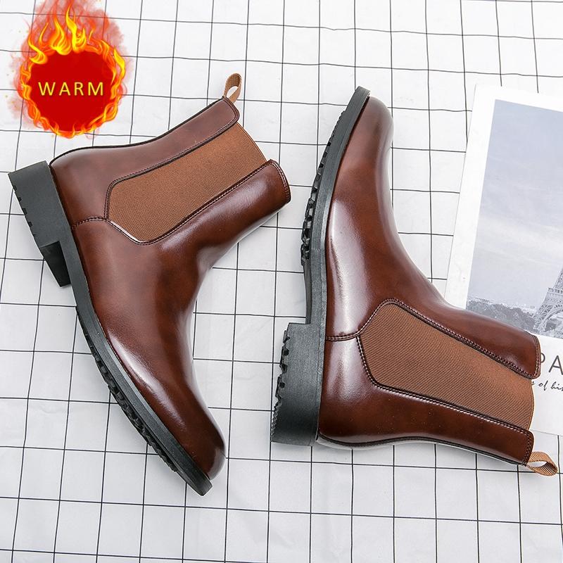 Snow Boots Men Brown High Quality Patent Leather Chelsea Boots Thick Sole Outdoor Leisure Boots Business Plus Fur Warm Shoes Man
