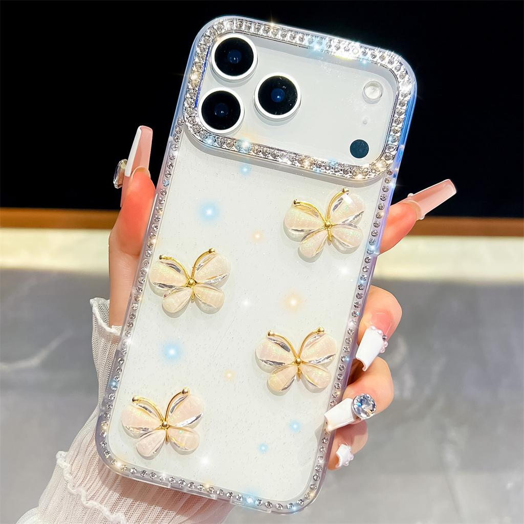 Handmade Sparkly Diamond Glass Butterfly IMD Phone Case, Compatible with iPhone 13,iPhone 14,iPhone 15,iPhone 16,iPhone 17 Series