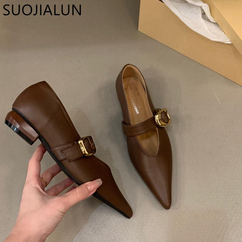 Fashion SUOJIALUN Women Flat Shoes Fashion Pointed Toe Shallow Slip On Ladies Dress Ballet Shoes Flat Heel Ladies Casual Mary Jane Shoes