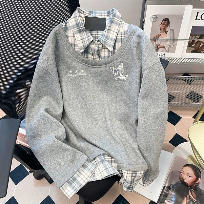 

Plaid Embroidered Women s Shirt Fake Two Butterfly Long Sleeved Shirts Autumn Loose Woman Fashionable Casual Top XXL серый