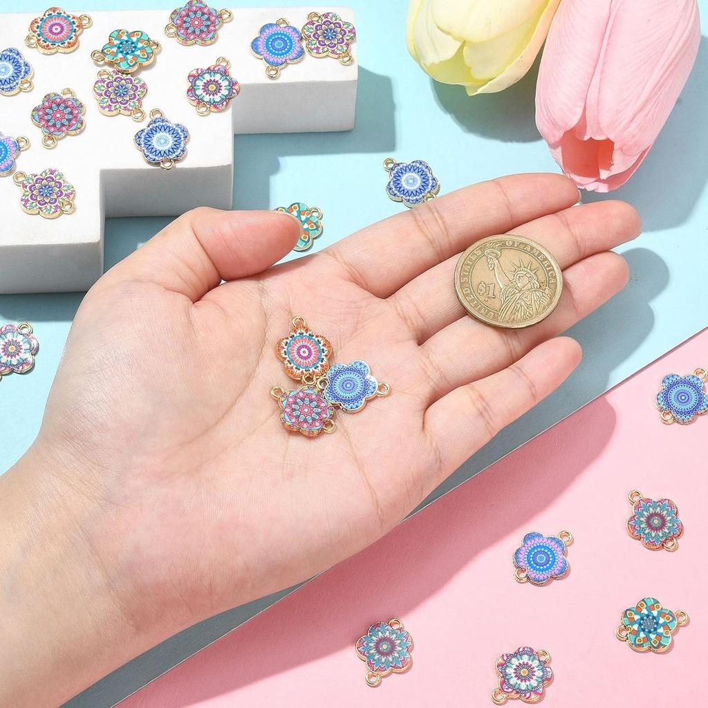 DanLingJewelry 30Pcs Random Flower Connector Charms Enamel Flower Charms with Double Loops for Jewelry Bracelets Making