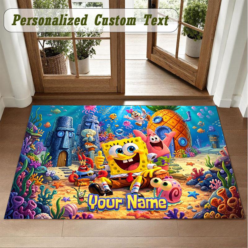 Crystal Velvet Square Rug Custom NameSpongeBob Pattern Non Slip Home Floor Decor Rug