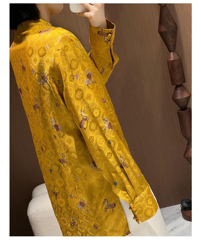 Golden Saddle Embroidered Stand Collar Shirt with Frog Button - New Chinese Style Long Sleeve Top (2026 Design)