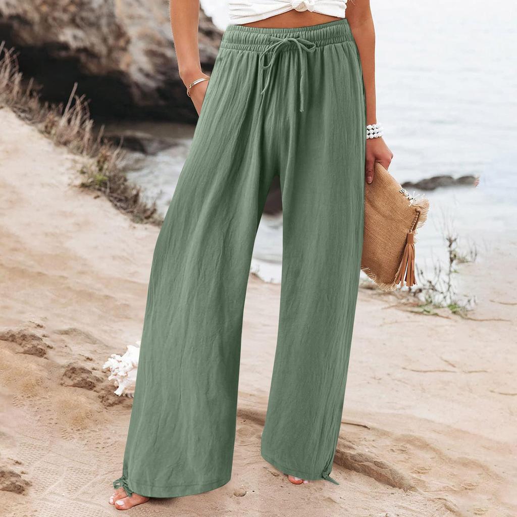 (S~5XL) Women’s Solid Ruched Wide-leg Straight Pants Tie Elastic High Waist Long Pant Summer Casual Loose Breathable Lightweight Soft Comfy Plus Pants