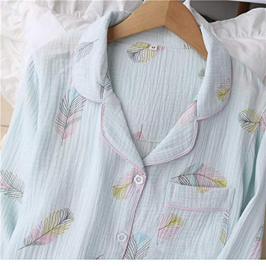 Hilltop Cloud Cotton Long and Comfortable for All Size M Women's 100% Pajamas, Double-Layered Gauze, Sleeves, Front-Opening, Breathable, Seasons,