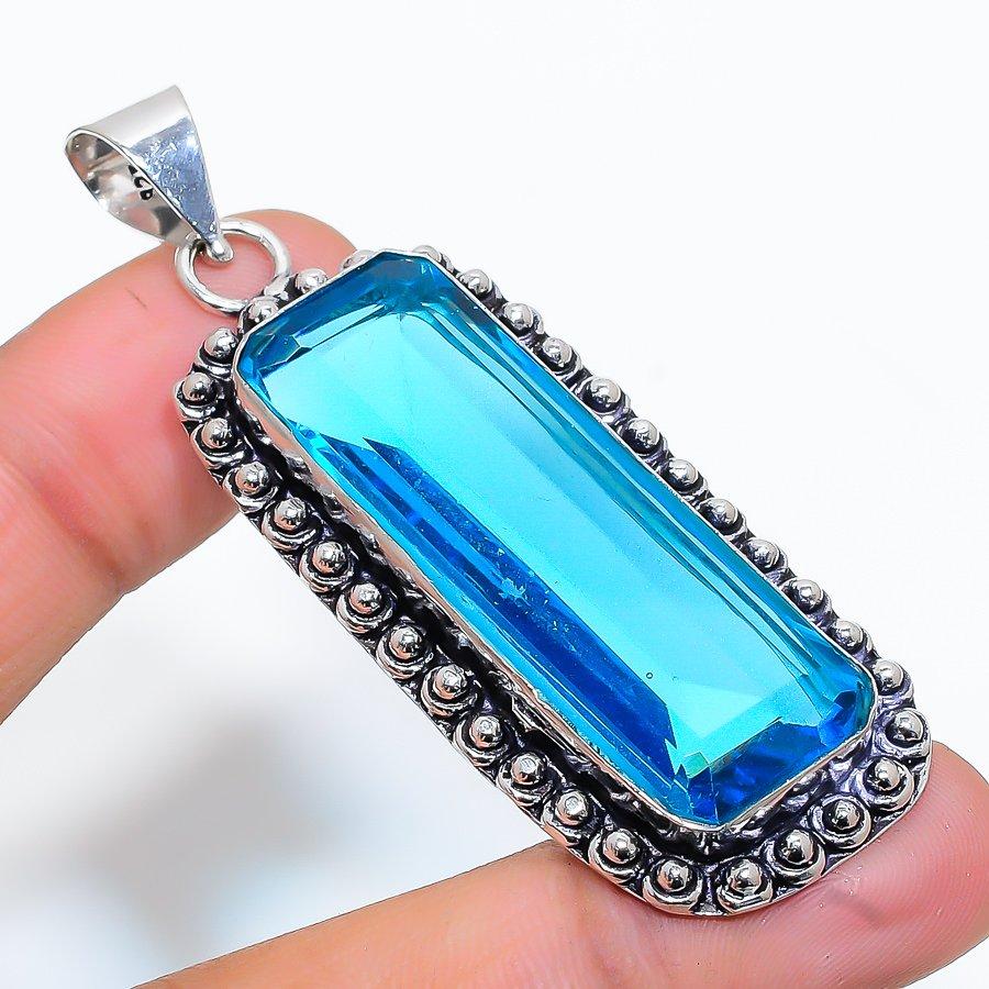 

Этническая ювелирная подвеска ручной работы с синим топазом и драгоценным камнем 2,56 дюйма VR-3920