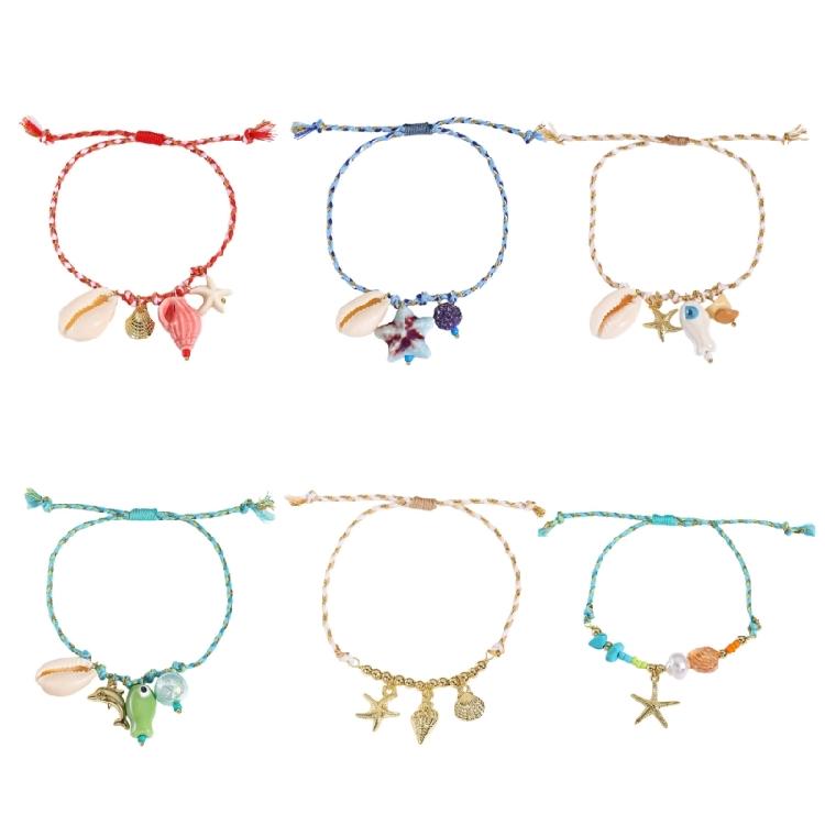 Keramik-Meerestier-Anhänger, geflochtenes Armband, verstellbares Seildesign mit Seestern- und Muschel-Charm, lässiger Schmuck