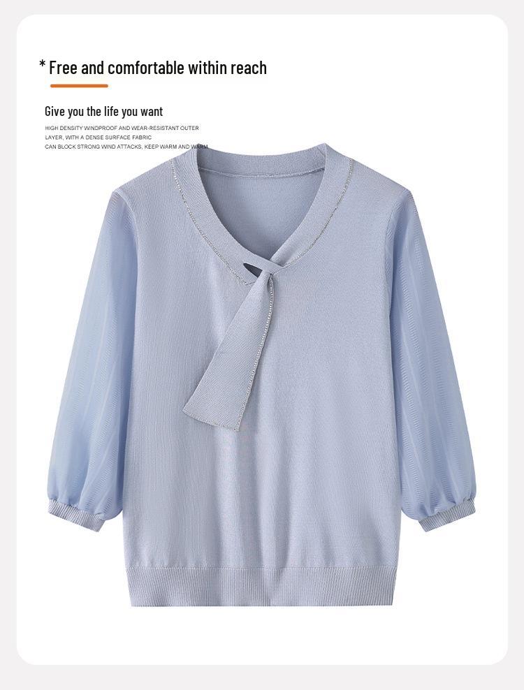 Stylish Spring & Autumn Knit T-Shirt for Middle-aged Women with Flowing Ribbon