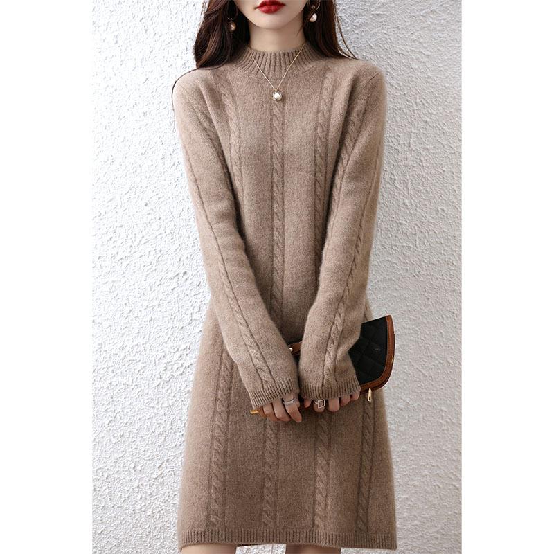 Autumn and winter thickened twisted flower medium and long sweater skirt loose and thin bottoming skirt women's semi-turtleneck knitted dress women's