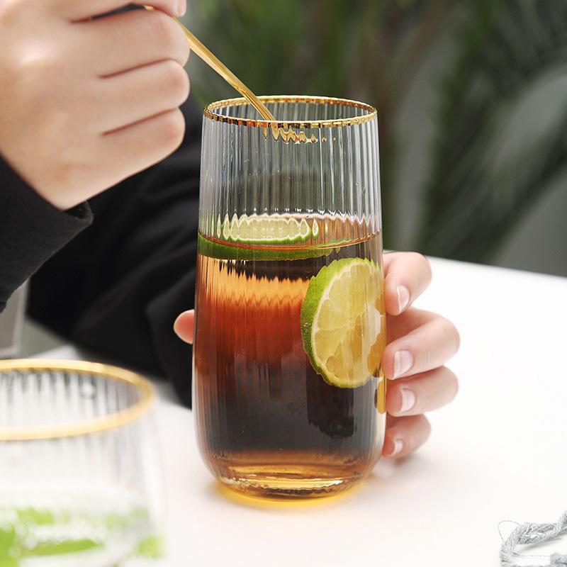 Japanese Gold Silm Vertical Grain Glass Cup 450/520MLHeat-Resistant Household Simple Cups for Cofffee Milk Juice Bar Drinkware