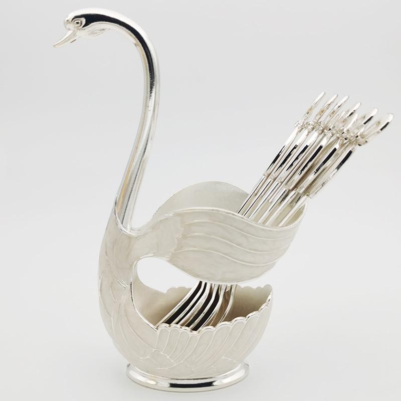 7pcs Set Swan Base Creative Decoration Tableware Fruit Fork Dessert Spoon Cute Coffee Spoon Combination Decoration Ornament