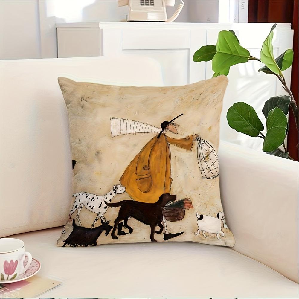 Double Sided Artistic Street Scene Pillow Cover Vintage Man With Dogs Birds Print Soft Throw Pillow Case For Home Decor Gift