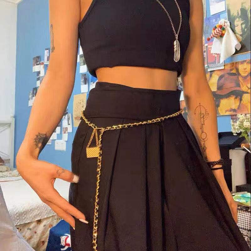 

Женская модная металлическая поясная цепочка-саше из плетеной кожи с декоративной цепочкой для юбки и брюк, трендовое украшение для талии 105cm