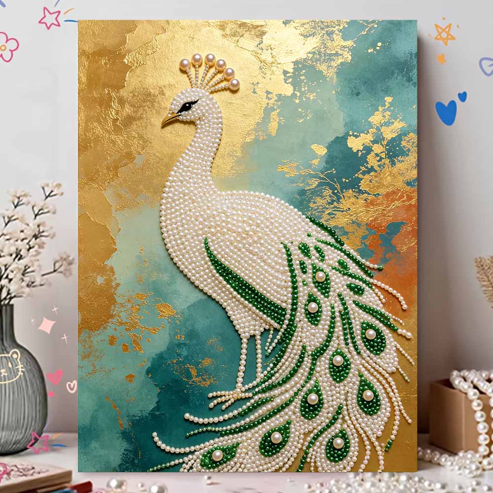 DIY Pearl Gem Elegant Peacock Pattern Shining Bead Craft Art Home Wall Ornament Simple Unframed Room Decoration Art Modern Style Wall Decor