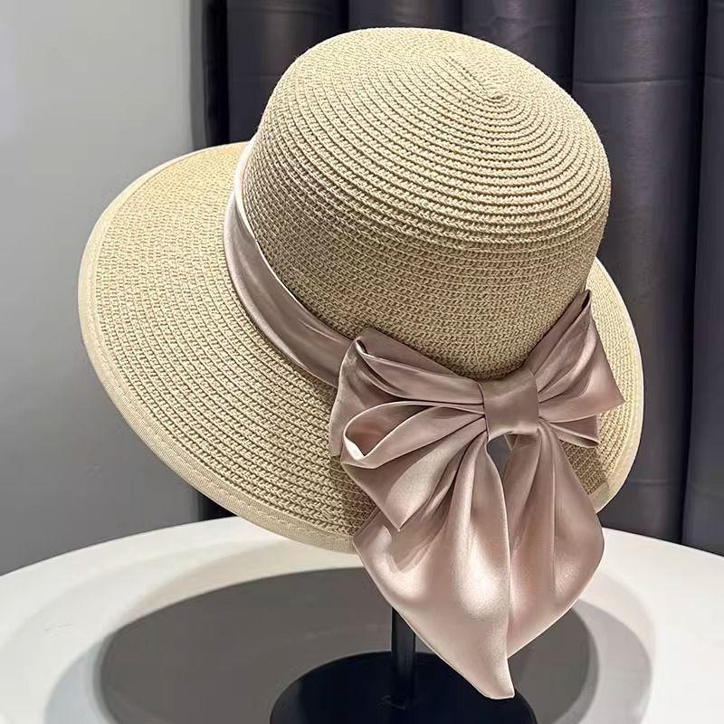 Breathable Straw Hat Hat Women's Summer Bow Visor Sun Hat Summer Travel Beach Straw Hat Versatile Sunscreen Bucket Hat