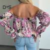 Koszula Damska Odkrywająca Ramiona Rozkloszowany Długi Rękaw Design Pulowerowe Topy Kwiatowy Nadruk Luźny Krój Koszula Casual Odzież Biurowa