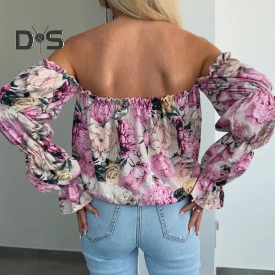 Koszula Damska Odkrywająca Ramiona Rozkloszowany Długi Rękaw Design Pulowerowe Topy Kwiatowy Nadruk Luźny Krój Koszula Casual Odzież Biurowa